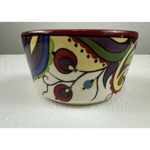Corsica Kingston Handcrafted Red Trim Ceramic Colorful Paisley Bowl 3" X 3.75"